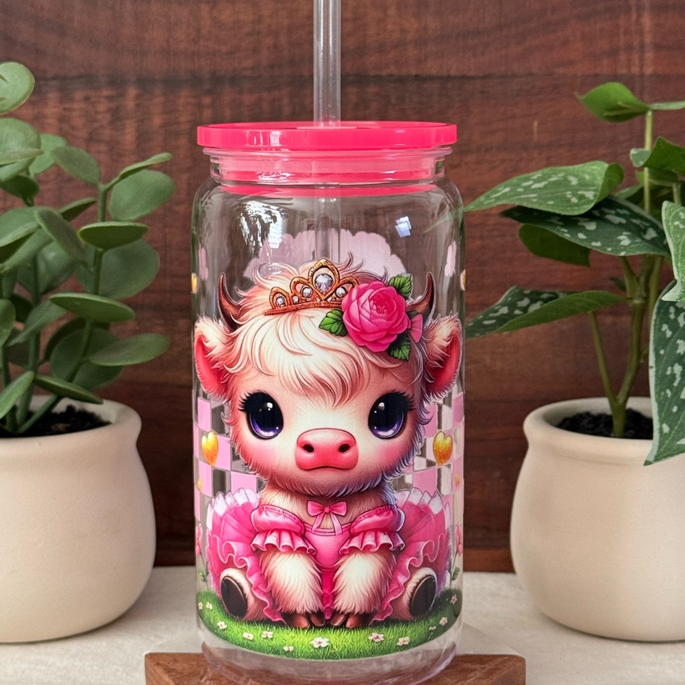 Cute Cow with Pink Dress and Crown Checkered Cup